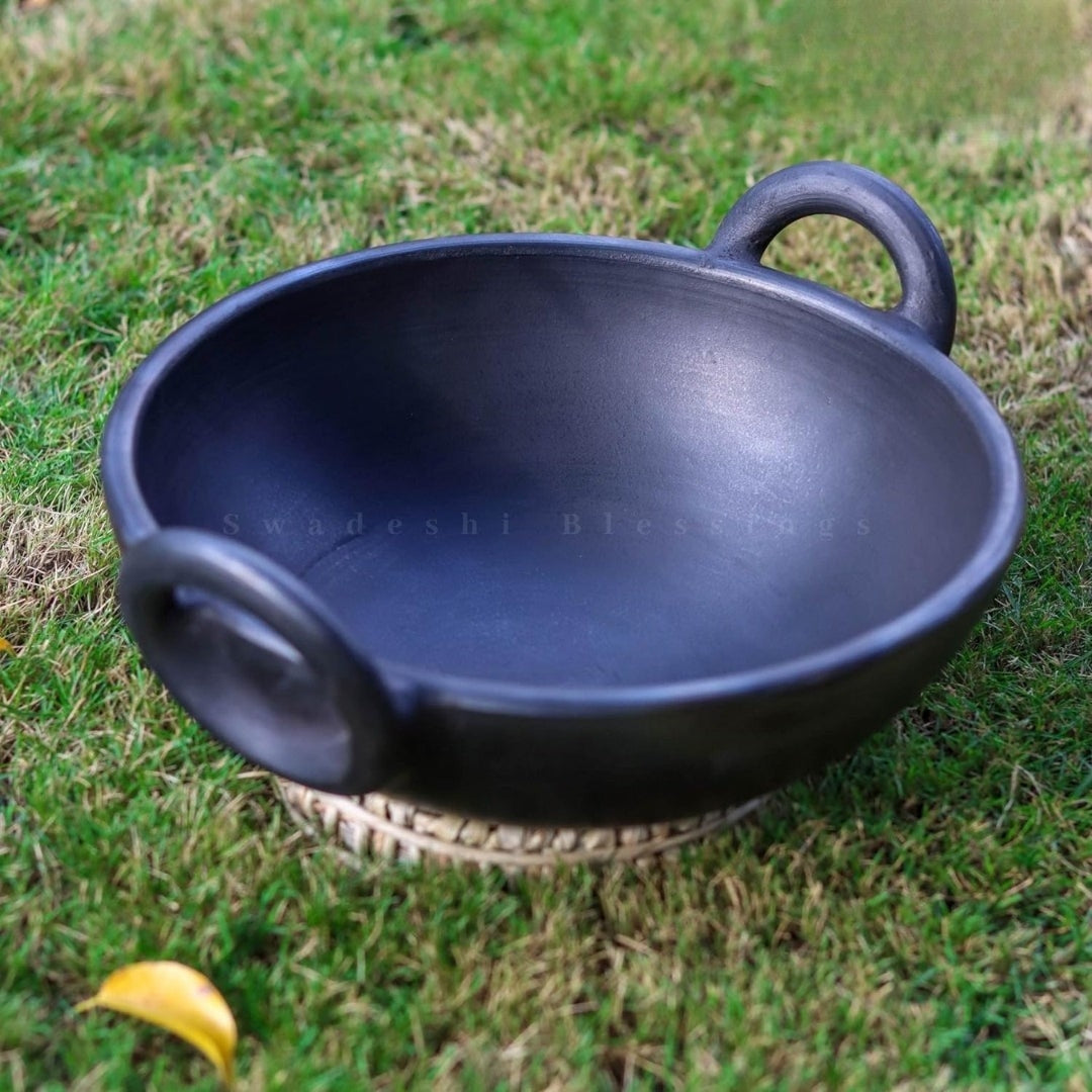 Unglazed Clay Handi / Earthen Kadai / Clay Kadai Combo for Cooking & Serving – 1.8L Black & 1.8L Red (Natural Firing Shade & Mirror Shine) + FREE Ash for Cleaning