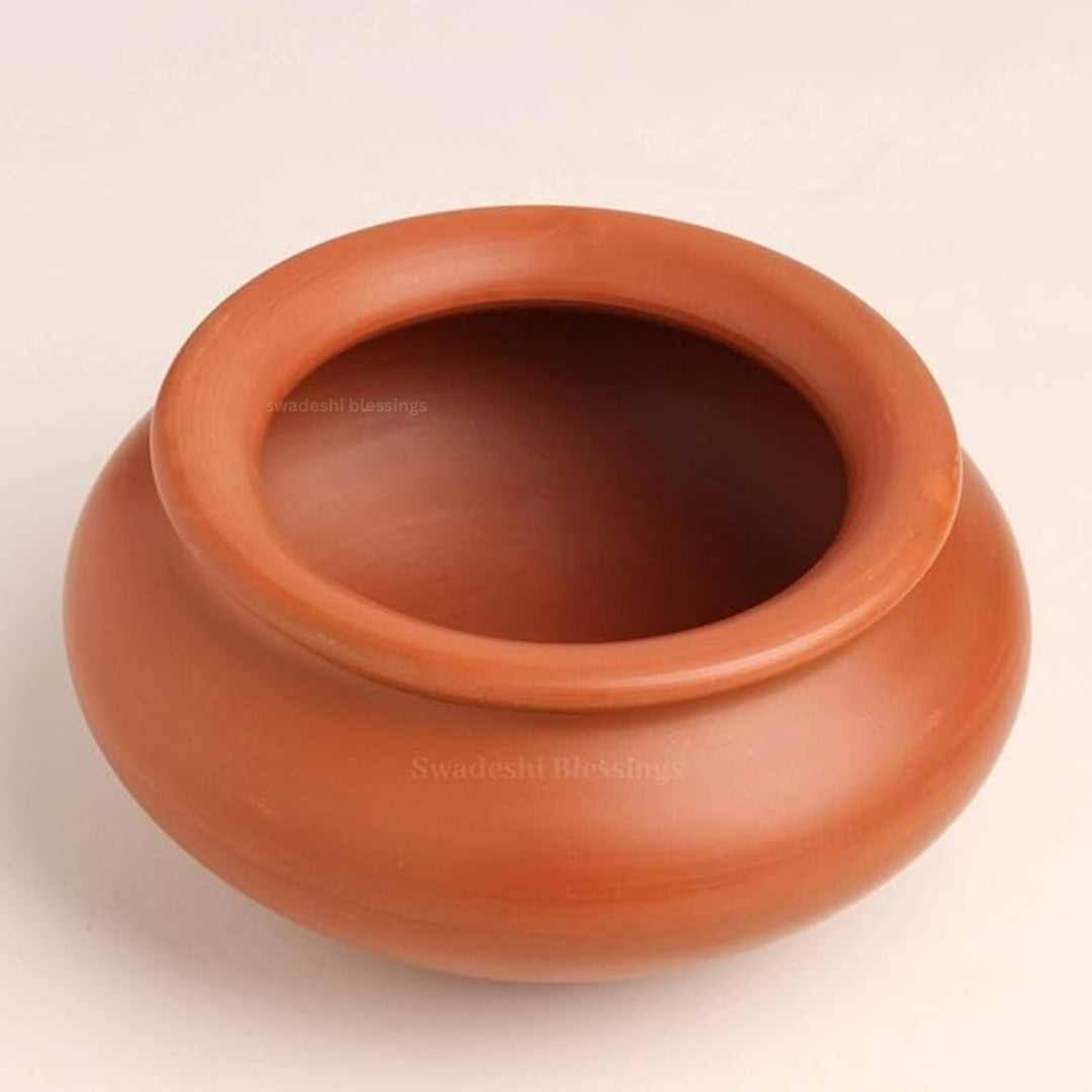 Unglazed Earthen Dahi Handi/ Handmade Curd Pot/ Clay Pot with Lid Also for Serving (with Natural White Firing Shade & Mirror Shine) + Free ASH for Cleaning (Traditional-1Ltr)
