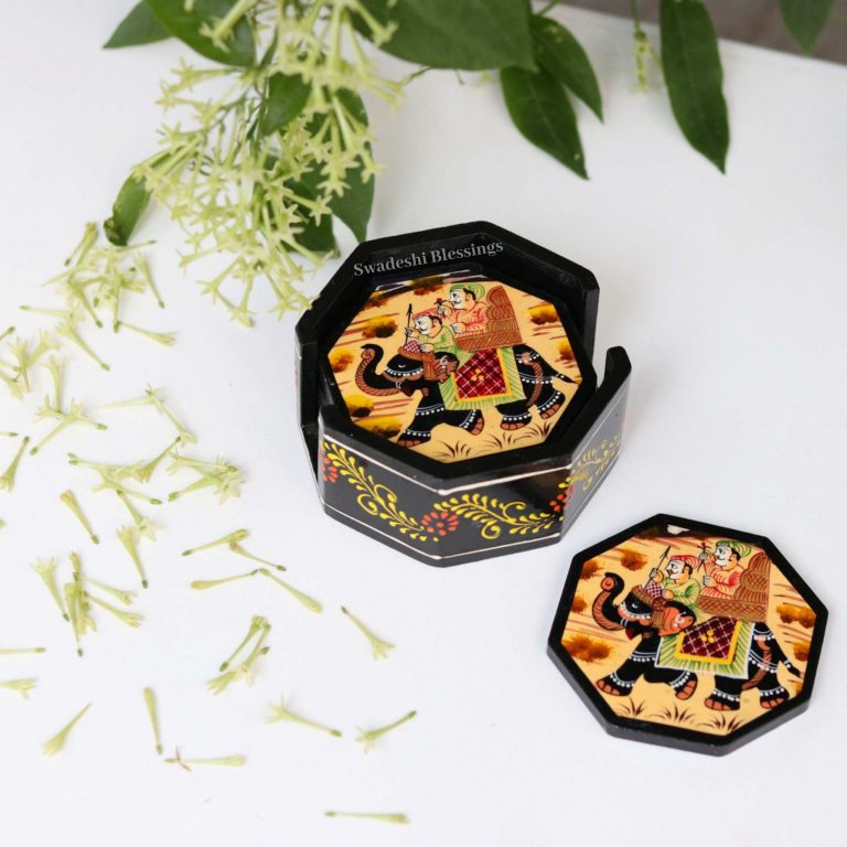 Wooden Octagonal Coffee/ Tea Coasters Set- Handcrafted & Hand-Painted for Kitchen/Table & Home Decor/Dinning/Living Room/Coffee Table (Set of 6) Combo