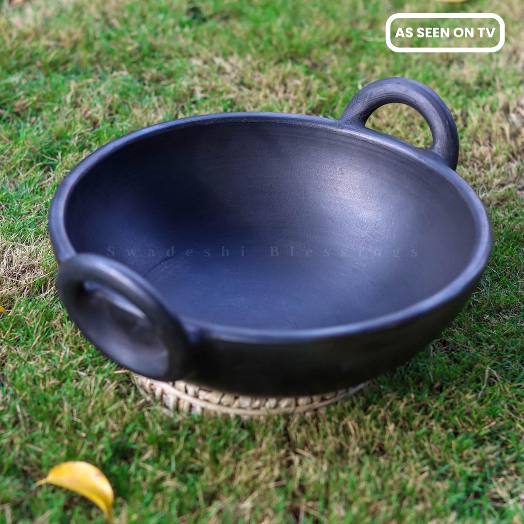 Unglazed Clay Kadai/ Mitti ka Bartan/ Handmade Earthen Kadai for Cooking, 1.8Liters (with Natural Firing Shade & Mirror Shine) + Free ASH for Cleaning