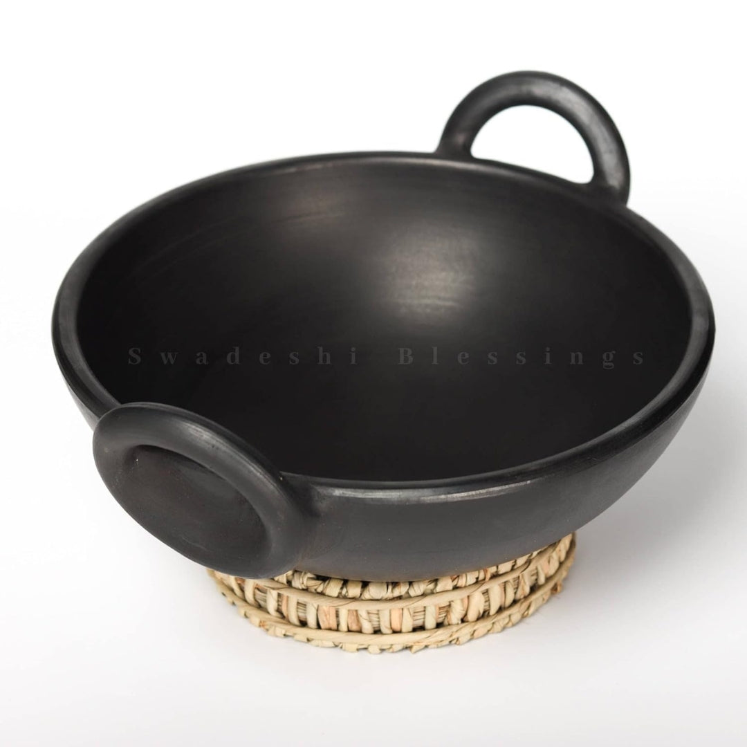Unglazed Clay Handi / Earthen Kadai / Clay Kadai Combo for Cooking & Serving – 1.8L Black & 1.8L Red (Natural Firing Shade & Mirror Shine) + FREE Ash for Cleaning