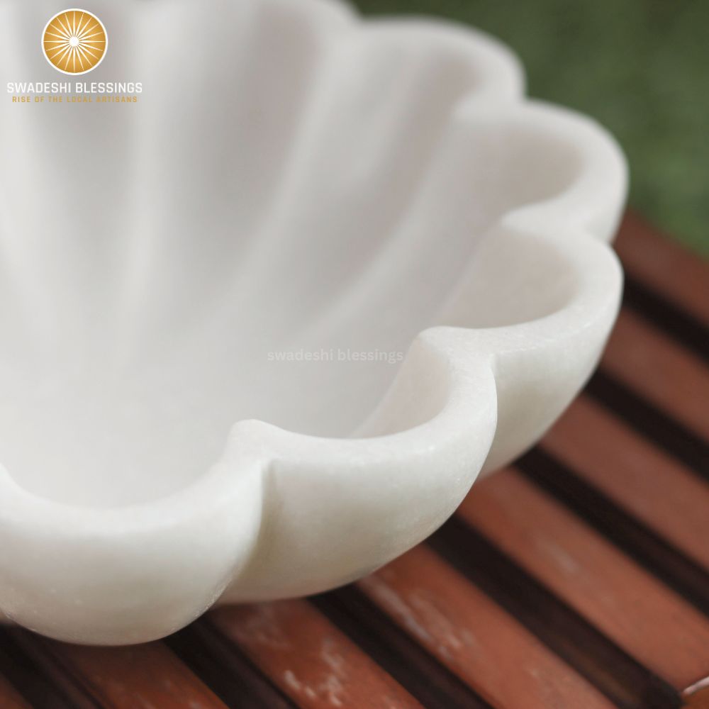 HandCrafted Marble Large Decorative Bowl | White Decorative Bowls for Home Decor | Ruffle Bowl | Scalloped Bowl | Fluted Bowl | Key/Fruit Bowl | Ring Dish | Organic Modern Home Decor Bowl |6-12Inches