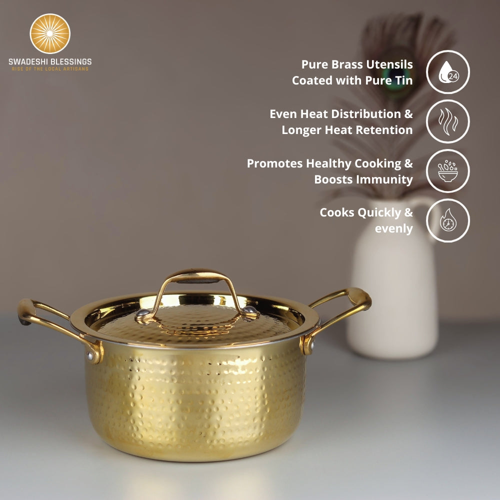 Swadeshi Blessings Exclusive Range Brass Bhagona for Cooking, with Lid/Teflon-Free/Naturally Non-Stick Brass Utensils with Tin Coating