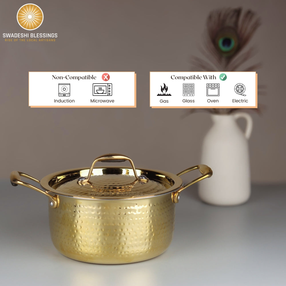 Swadeshi Blessings Exclusive Range Brass Bhagona for Cooking, with Lid/Teflon-Free/Naturally Non-Stick Brass Utensils with Tin Coating
