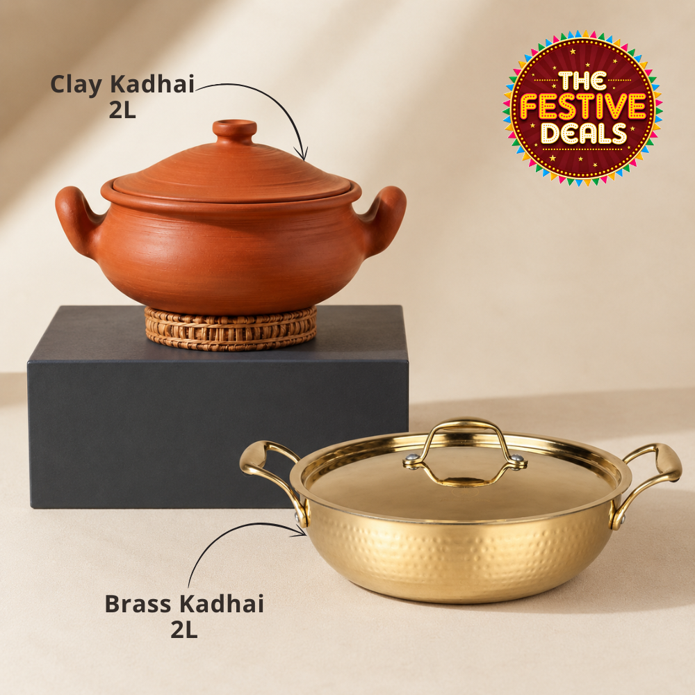 Clay Kadhai & Brass Kadhai Combo for Cooking & Serving with Lids – 2L & 2L + FREE Ash for Cleaning