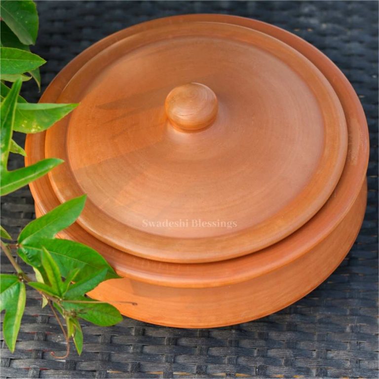Unglazed Clay Handi/ Handmade Earthen Kadai/ Clay Pot For Cooking & Serving with Lid, 2.8Liters (With Natural White Firing Shade & Mirror Shine) + FREE ASH For Cleaning