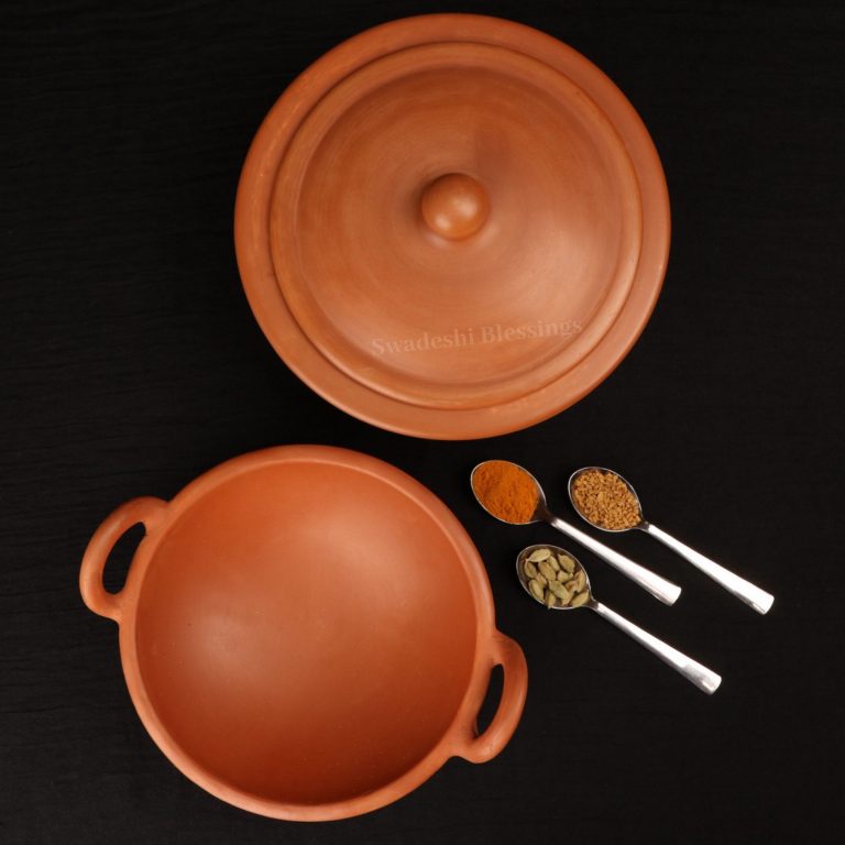 Unglazed Clay Handi / Bhagona / Earthen Kadai / Clay Pots Combo For Cooking & Serving, 1.8 & 2.5 Litres (Natural Firing Shade & Mirror Shine)+FREE ASH For Cleaning