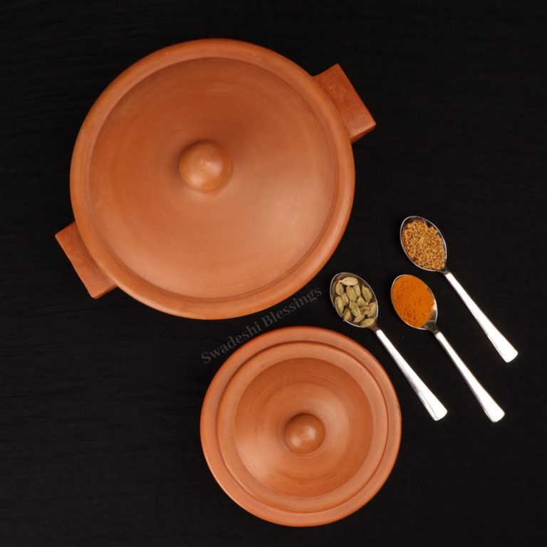 Swadeshi Blessings Exclusive Range Unglazed Clay Dahi Handi/Kadai/Hot Case/Earthen Pots Combo For Cooking & Serving With Lid, 1 & 2.8Liters (Natural Firing Shade & Mirror Shine)+FREE ASH For Cleaning
