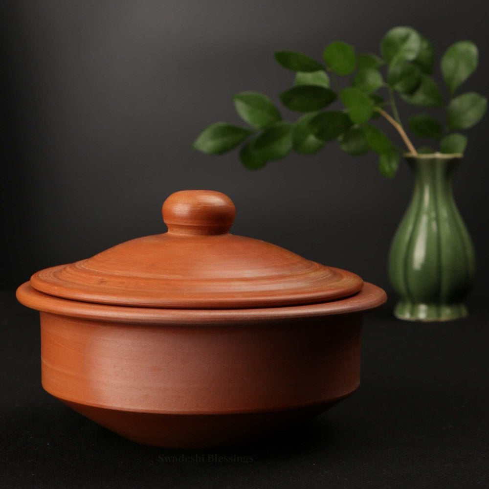 Unglazed Clay Dahi Handi/Terracotta Curd Pot/Mitti Handi with Lid,1Liter Also for Serving (with Natural White Firing Shade & Mirror Shine)