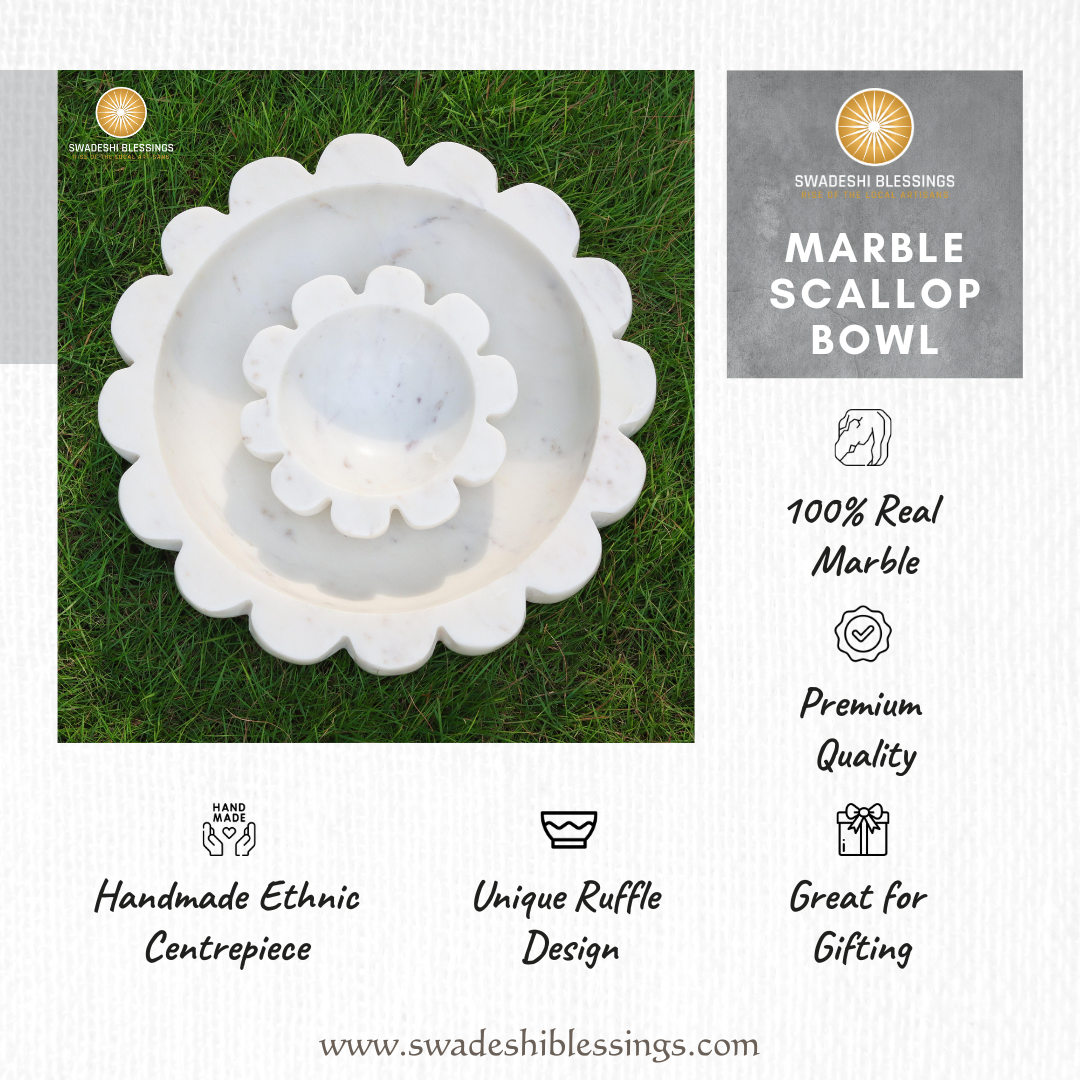 HandCrafted White Marble Decorative Bowl | Ruffle Bowl for Home Decor | Scalloped Bowl | Fluted Bowl | Organic Modern Home Decor Bowl
