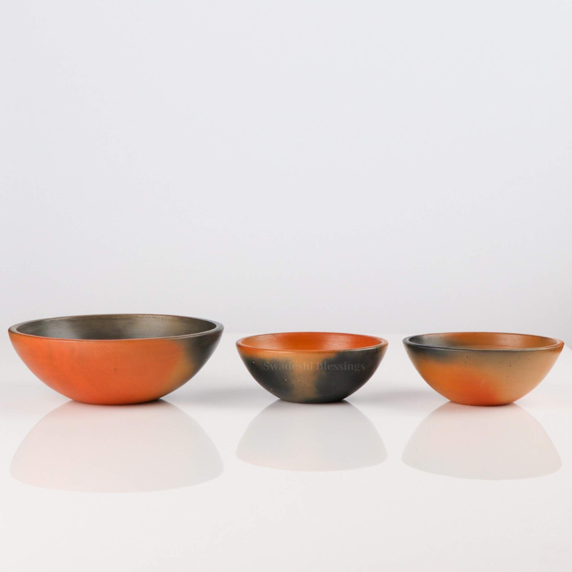 Swadeshi Blessings Exclusive Range Unglazed Clay Bowl Set with Natural Black Firing Effect & Seamless Mirror Finish/Earthen Serving Bowl