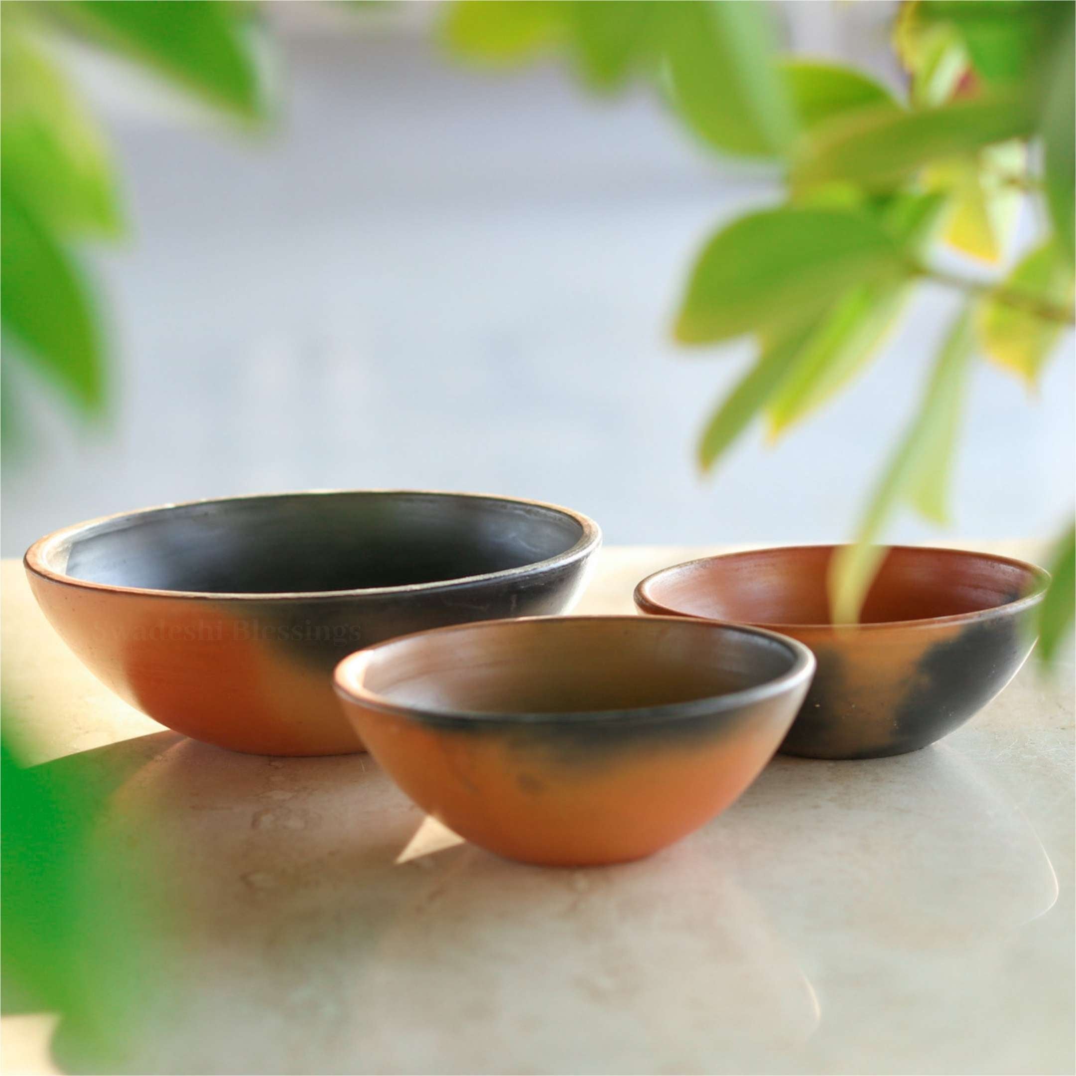 Swadeshi Blessings Exclusive Range Unglazed Clay Bowl Set with Natural Black Firing Effect & Seamless Mirror Finish/Earthen Serving Bowl