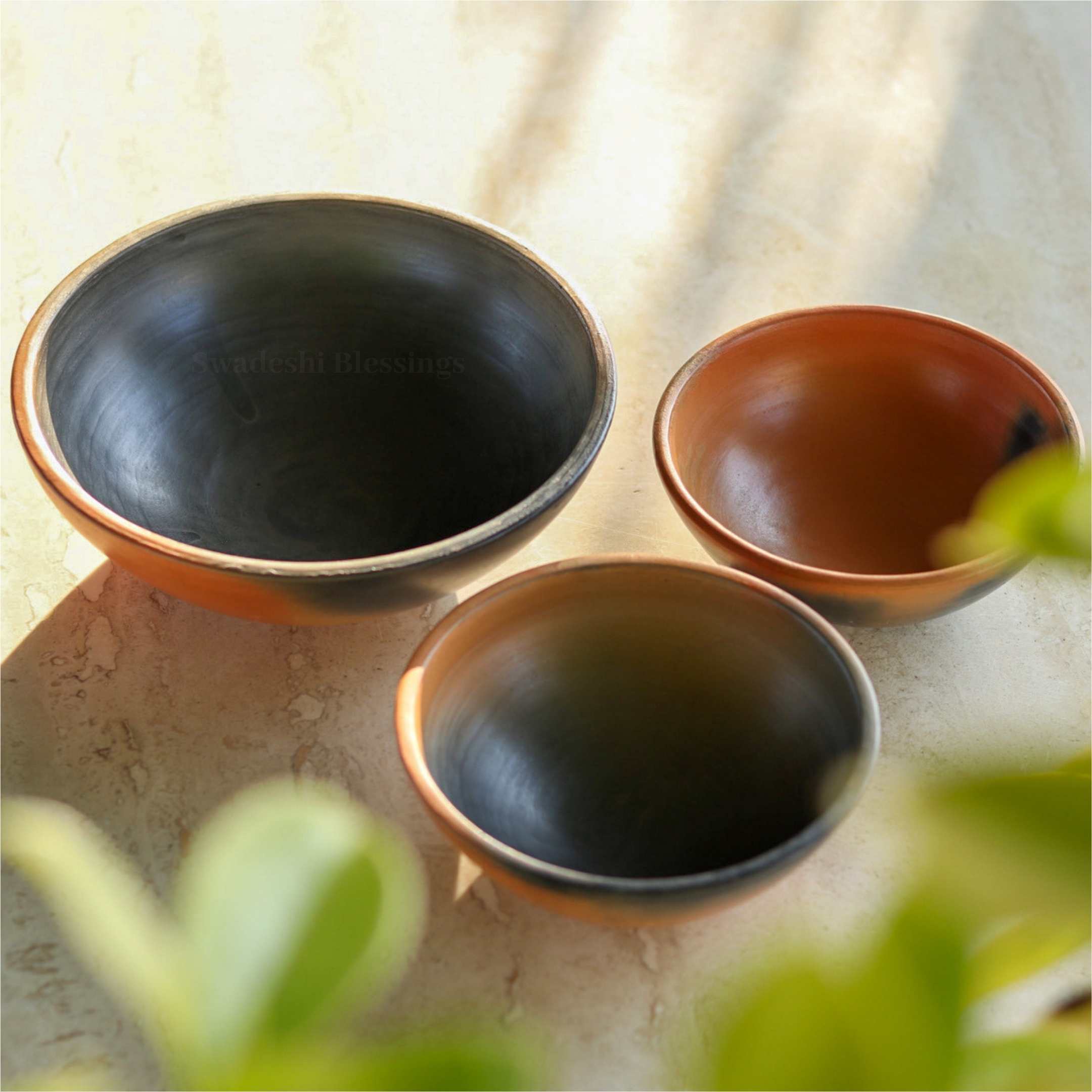 Swadeshi Blessings Exclusive Range Unglazed Clay Bowl Set with Natural Black Firing Effect & Seamless Mirror Finish/Earthen Serving Bowl