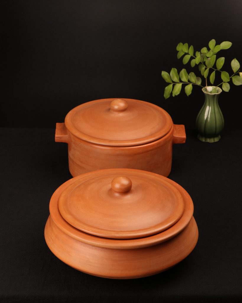 Swadeshi Blessings Exclusive Range Unglazed Clay Handi/Hot Case/Earthen Kadai/Clay Pots Combo For Cooking & Serving With Lid, 2.8Liters Each (With Natural Firing Shade )+FREE ASH For Cleaning