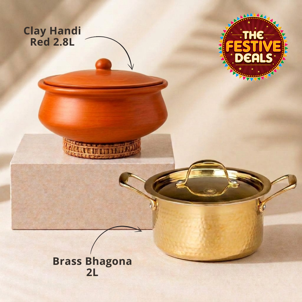 Clay Handi & Brass Bhagona Combo for Cooking & Serving with Lids – 2.8L & 2L + FREE Ash for Cleaning