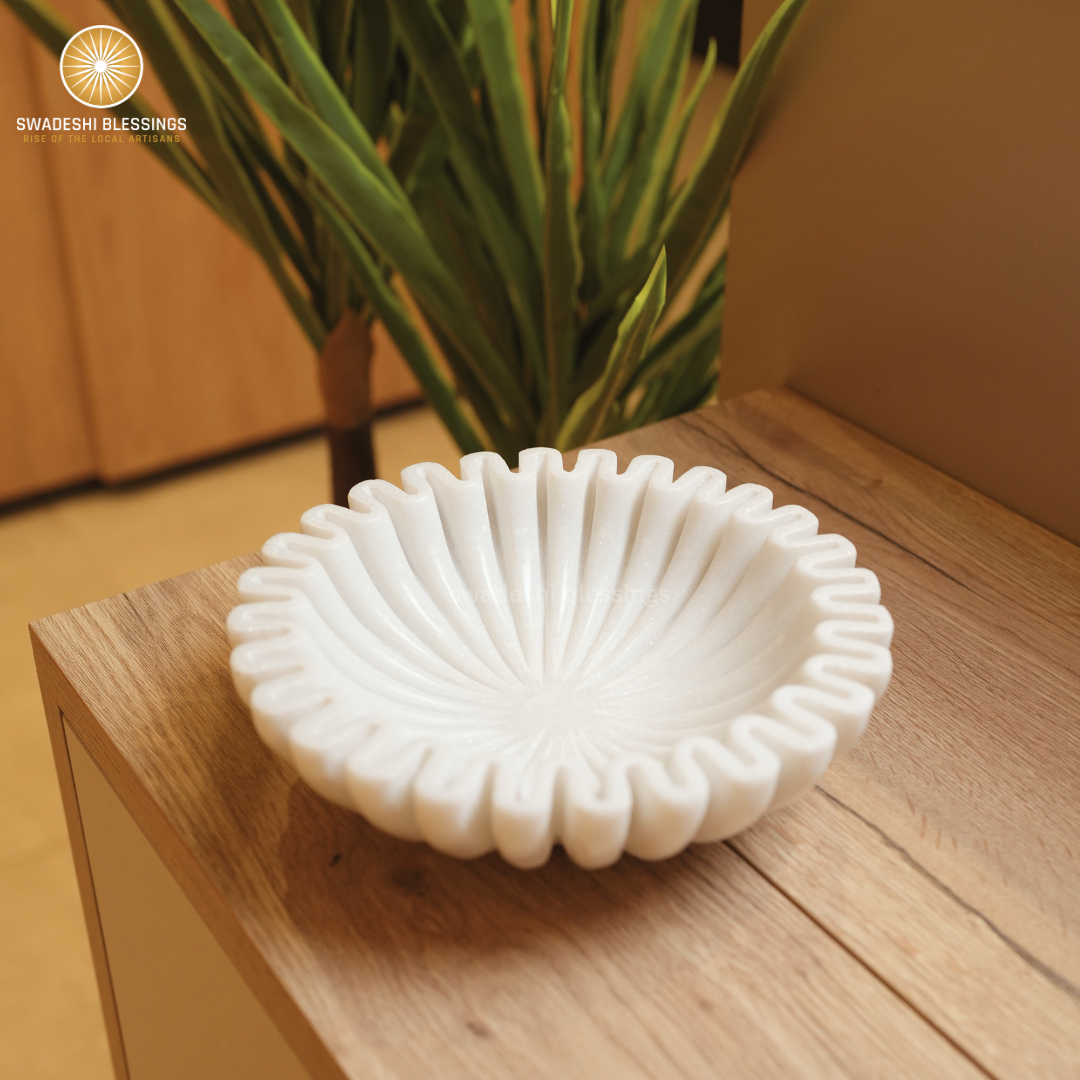Swadeshi Blessings HandCrafted Marble Ruffle Bowl /Antique Scallop Bowl /Fluted Bowl