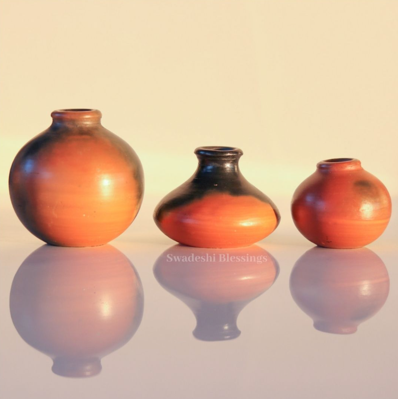 Swadeshi Blessings Exclusive Range Miniature Terracotta/Clay Pots Set with Natural Black Firing Effect & Seamless Mirror Finish for Living Room & Home Decor(Set of 3)