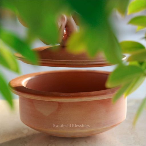 Unglazed Clay Handi/ Handmade Earthen Kadai/ Clay Pot For Cooking & Serving with Lid, 2.8Liters (With Natural White Firing Shade & Mirror Shine) + FREE ASH For Cleaning
