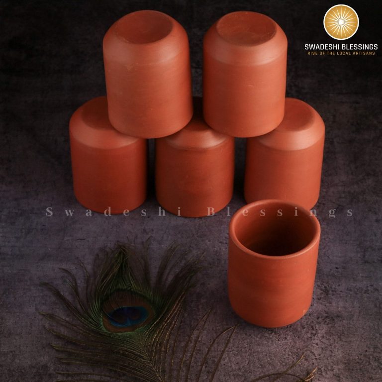 Swadeshi Blessings HandMade Unglazed Royal Clay Glass Set/Tea & Coffee Cups, 300ml/Antique Terracotta Glasses/Drinking Glass/HouseWarming/Birthday Gift