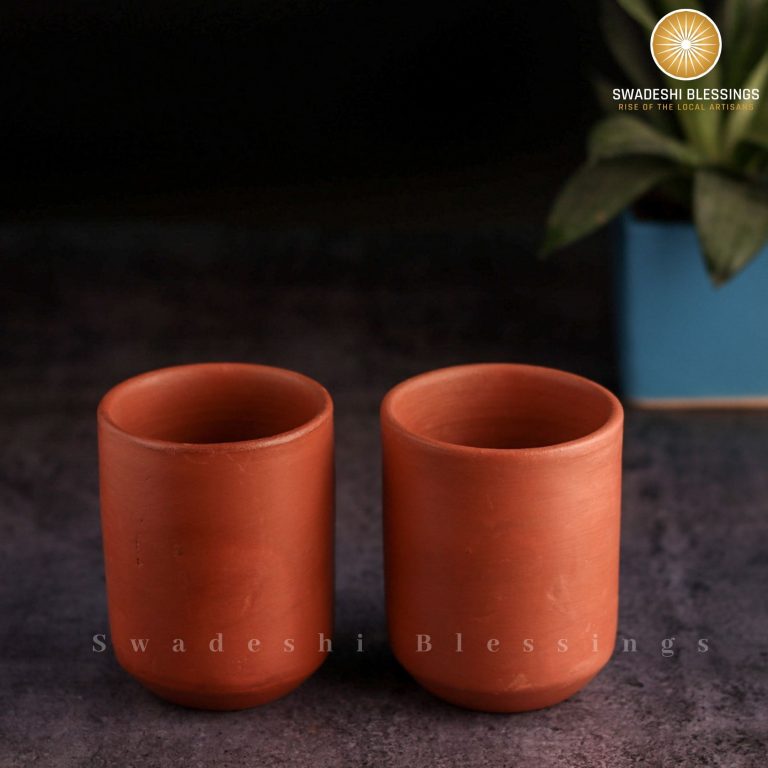 Swadeshi Blessings HandMade Unglazed Royal Clay Glass Set/Tea & Coffee Cups, 300ml/Antique Terracotta Glasses/Drinking Glass/HouseWarming/Birthday Gift