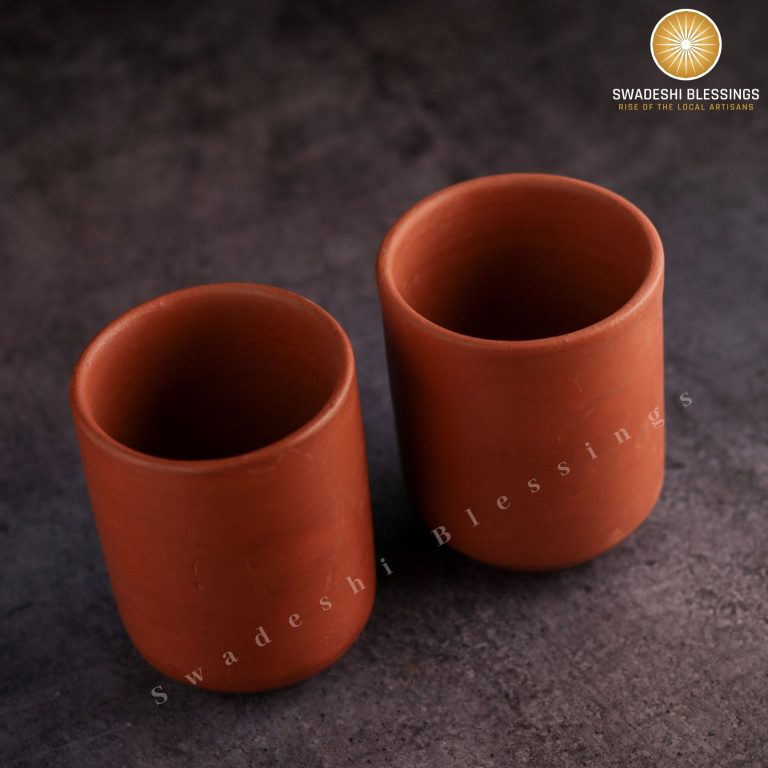 Swadeshi Blessings HandMade Unglazed Royal Clay Glass Set/Tea & Coffee Cups, 300ml/Antique Terracotta Glasses/Drinking Glass/HouseWarming/Birthday Gift