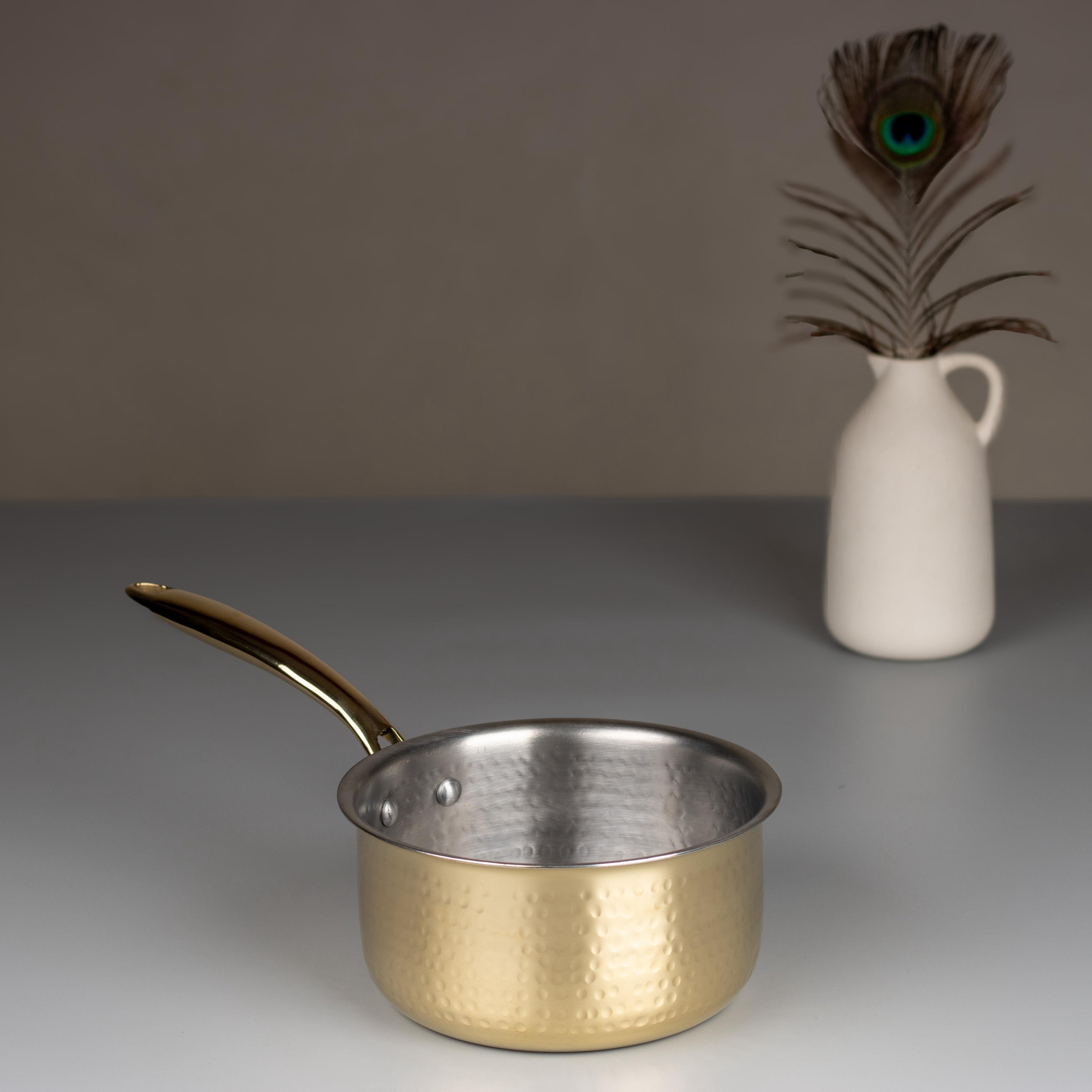 Swadeshi Blessings Exclusive Range Brass Sauce Pan for Cooking, with Lid/Teflon-Free/Naturally Non-Stick Brass Utensils with Tin Coating