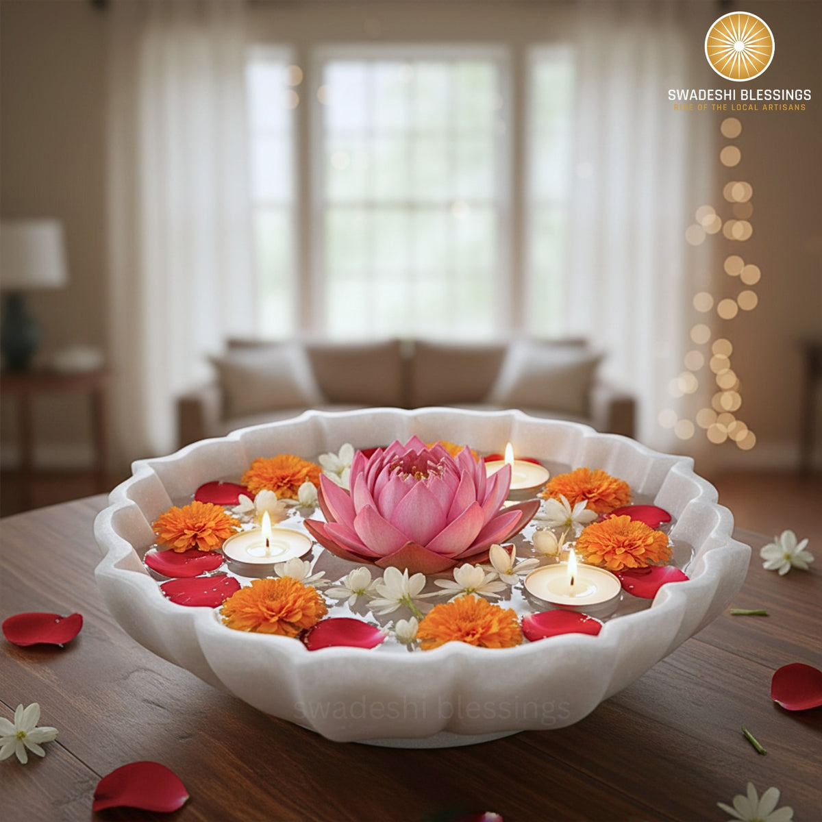 Handcrafted Marble Ashtkon Bowl 9 Inch + Scalloped Urli Bowl 9 Inch | Modern Home Decor Bowl | Decorative Urli | Floating Flower Bowl | Pooja Decor