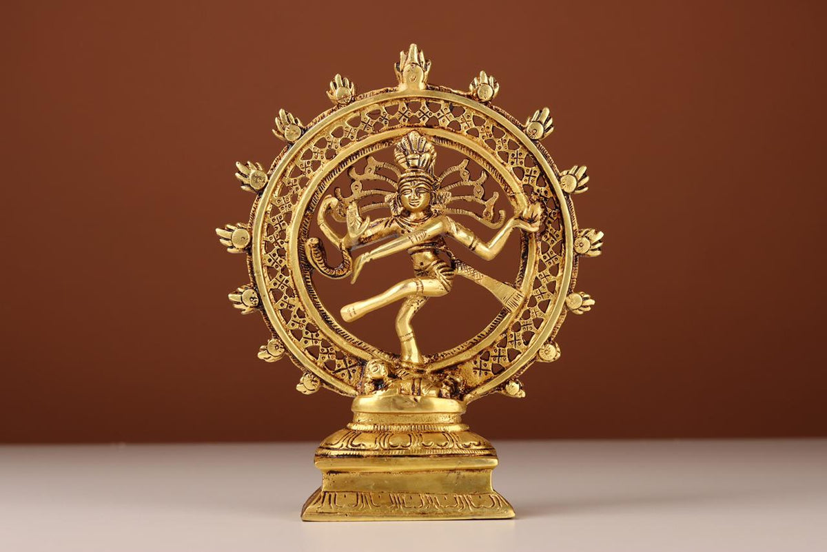 Brass Nataraja Idol, Dancing Shiva Murti with Ring of Fire, For Home & Puja Ghar
