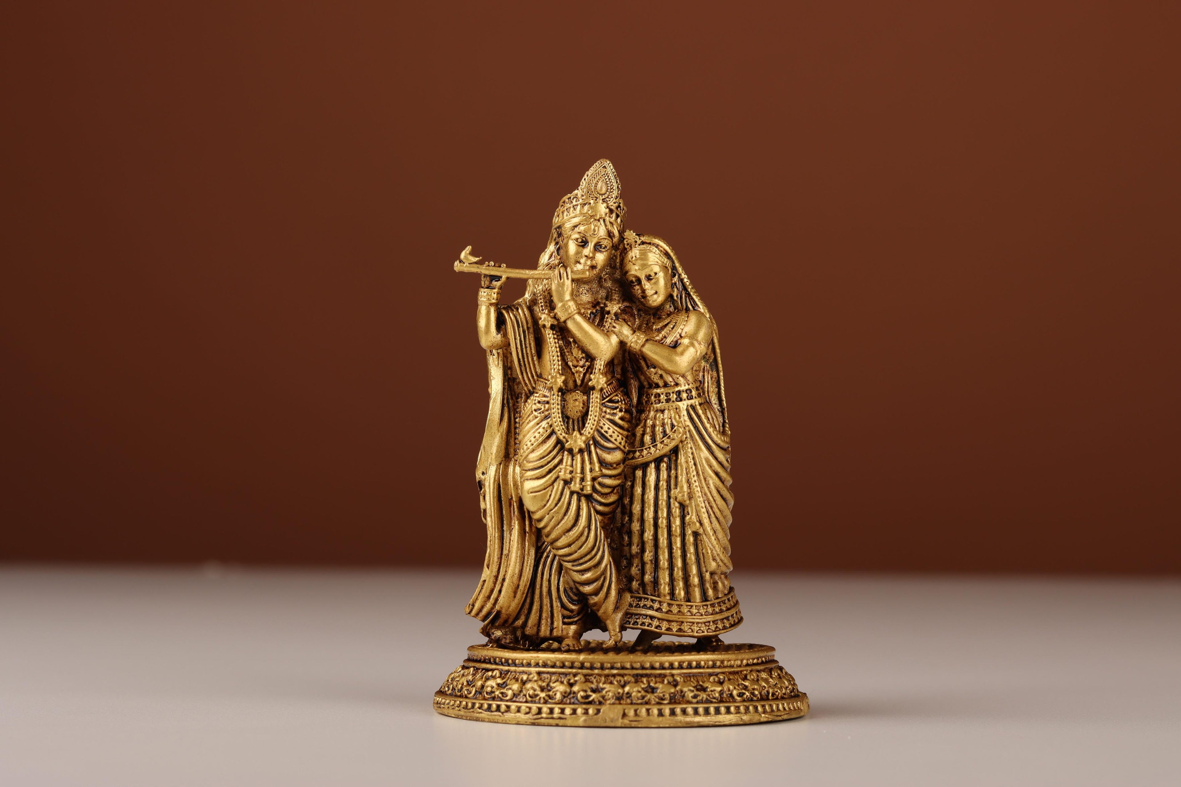 Brass Radha Krishna Idol with Flute, Radha Krishna Murti, For Mandir & Puja Ghar