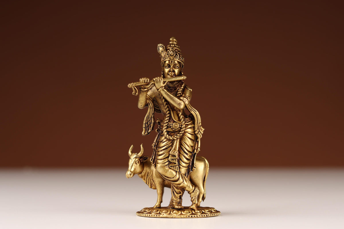 Brass Krishna Idol with Cow, Krishna Murti, For Mandir & Puja Ghar