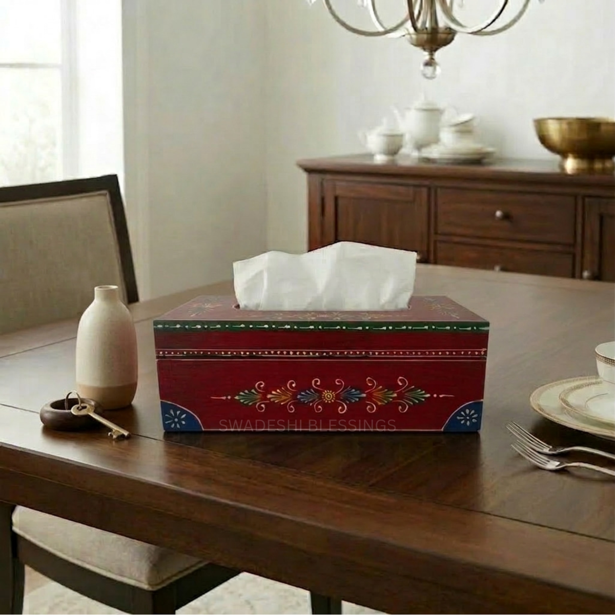 Wooden Tissue Box, Handpainted Tissue Holder, Tabletop Tissue Box for Living Room, Dining Table, Office