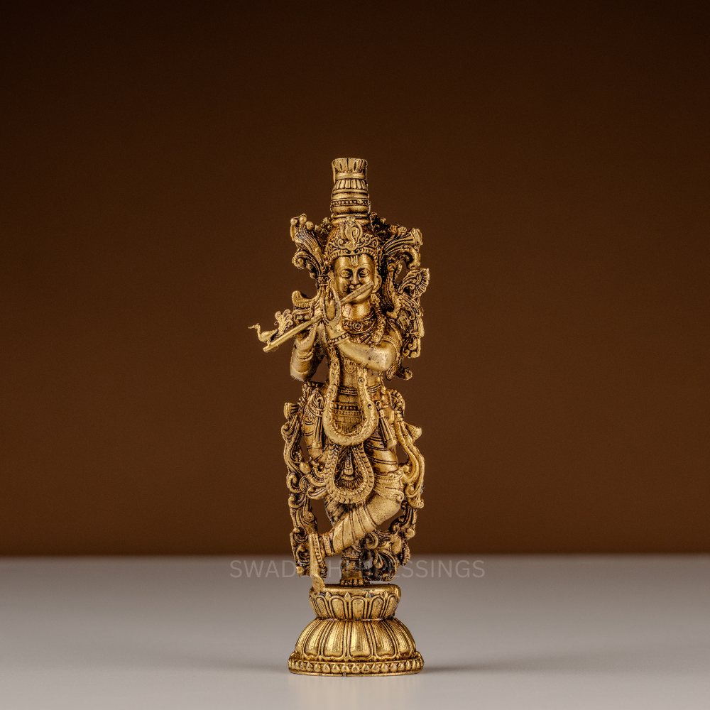 Pure Brass Krishna Murti / Flute Playing Krishna Statue - 6 Inch