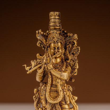 Pure Brass Krishna Murti / Flute Playing Krishna Statue - 6 Inch