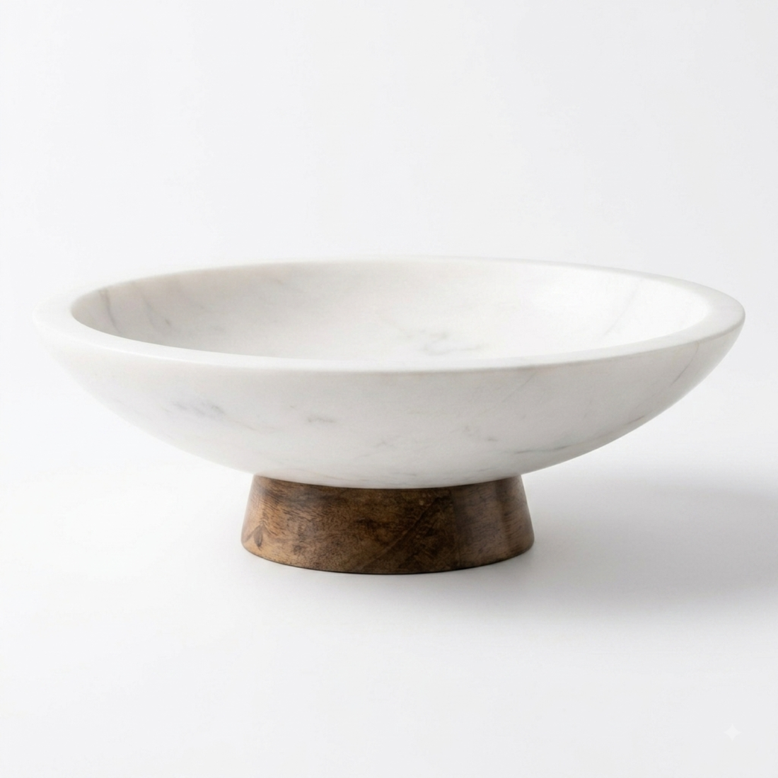 Handcrafted Marble Fruit Bowl with Wood Pedestal for Kitchen Counter, Large Decorative Bowl for Home Decor, Key Bowl for Entryway Table, Marble Pedestal Bowl for Dining Table Centrepiece Décor, 11”