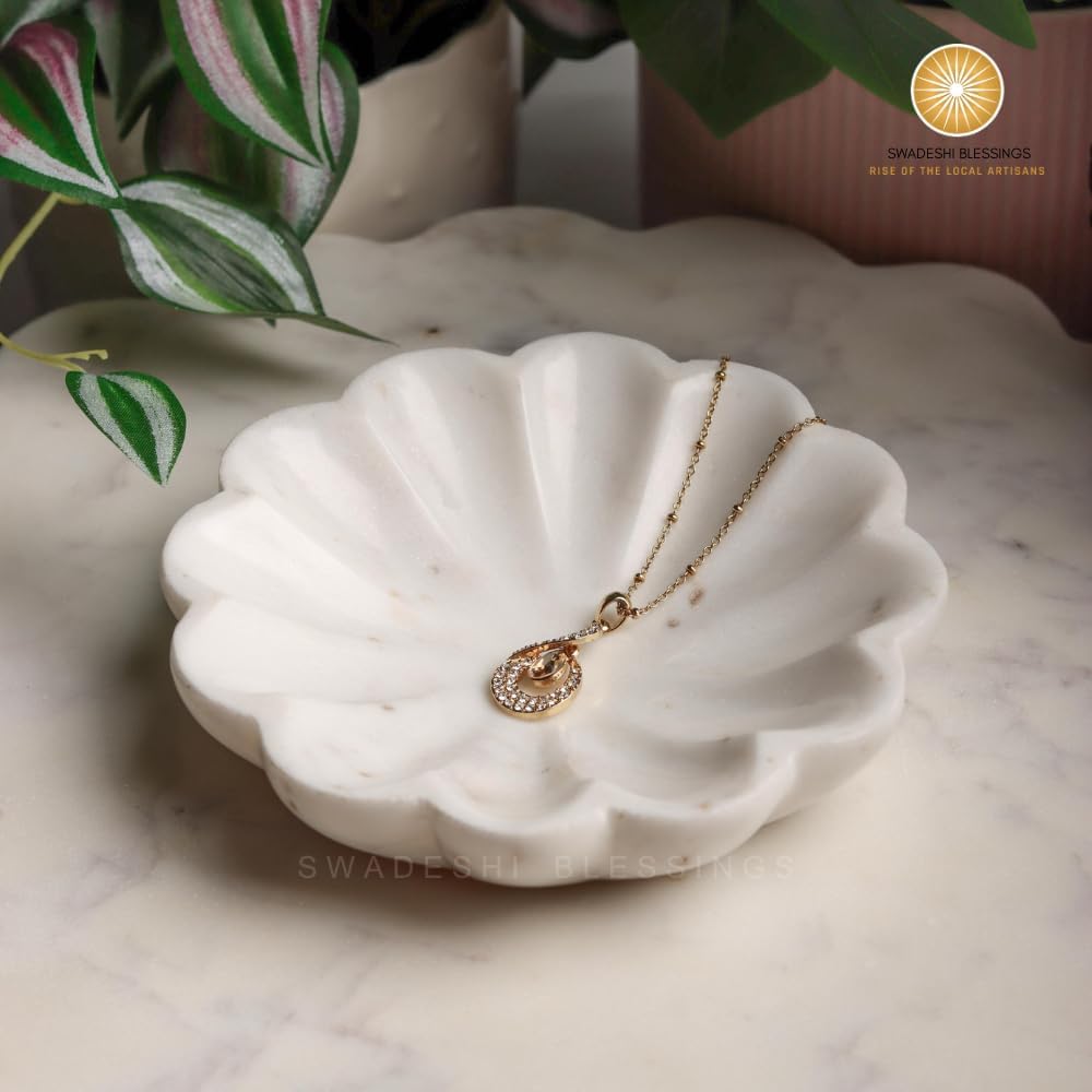 Handcrafted Marble Jewelry Tray, Decorative Trinket Dish for Rings Earrings Necklace Bracelet, Key Bowl, Ideal Gift for Mother Sister Daughter Friends, Birthday Wedding Christmas 5 inches