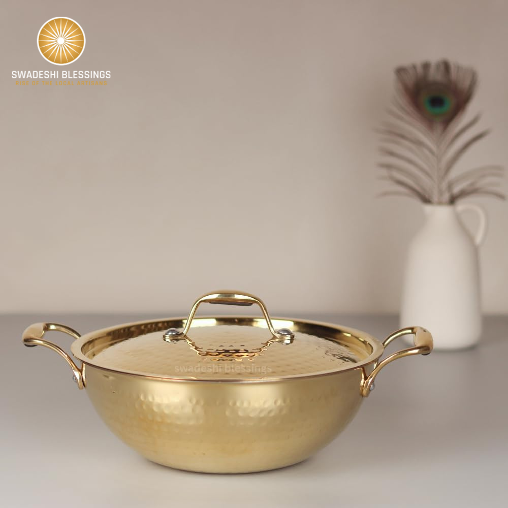Swadeshi Blessings Exclusive Range Brass Kadai for Cooking, with Lid/Teflon-Free/Naturally Non-Stick Brass Utensils with Tin Coating