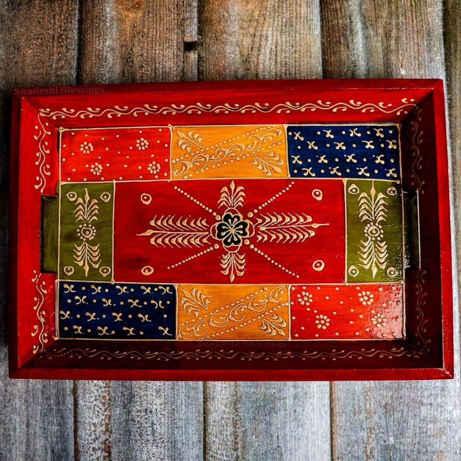 Wooden Serving Tray Set- Handcrafted & Hand-Painted for Kitchen/Table & Home Decor- Antique Red