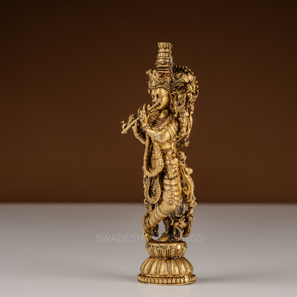 Pure Brass Krishna Murti / Flute Playing Krishna Statue - 6 Inch