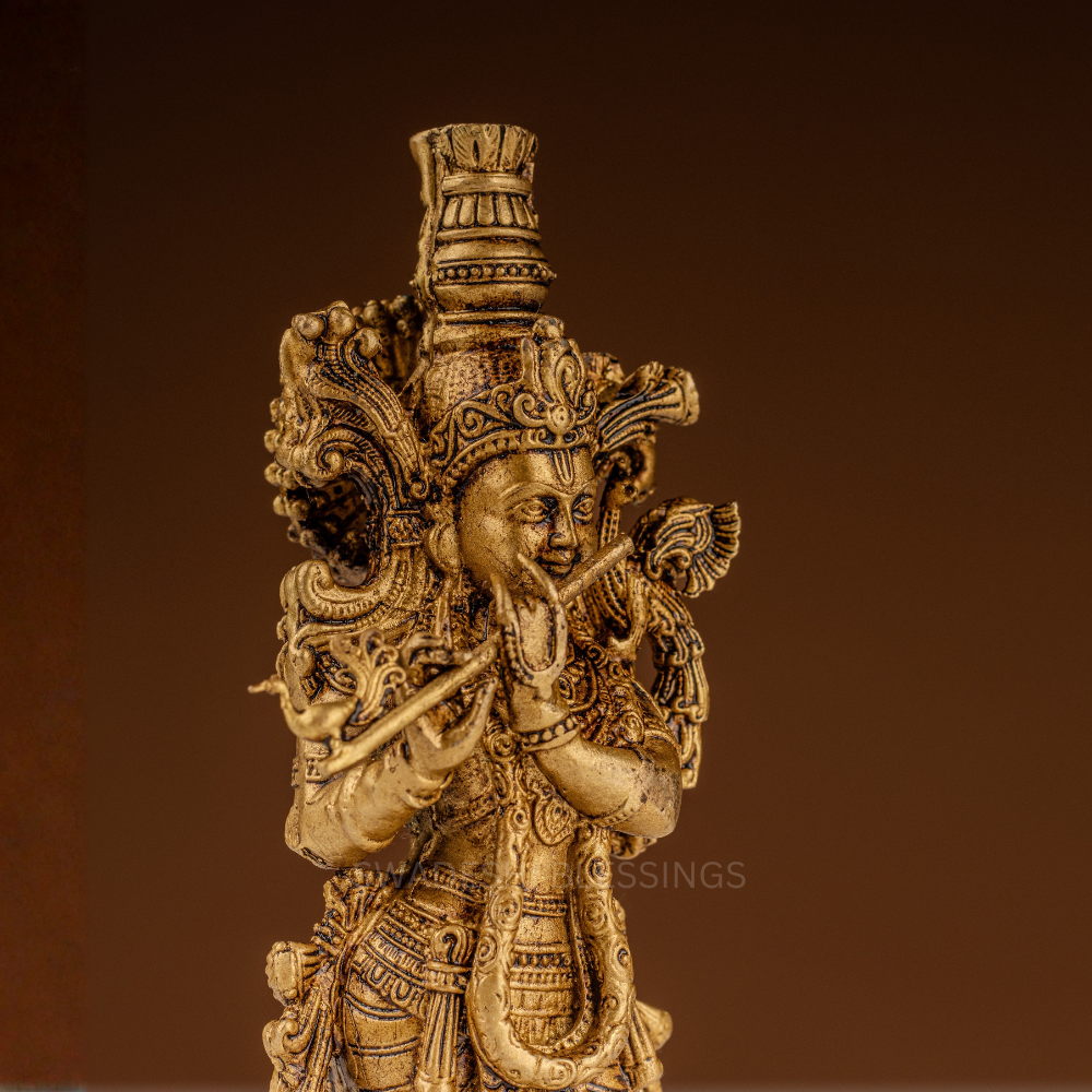 Pure Brass Krishna Murti / Flute Playing Krishna Statue - 6 Inch
