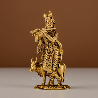 Pure Brass Krishna Murti / Flute Playing Krishna with Cow Statue - 4.75 Inch