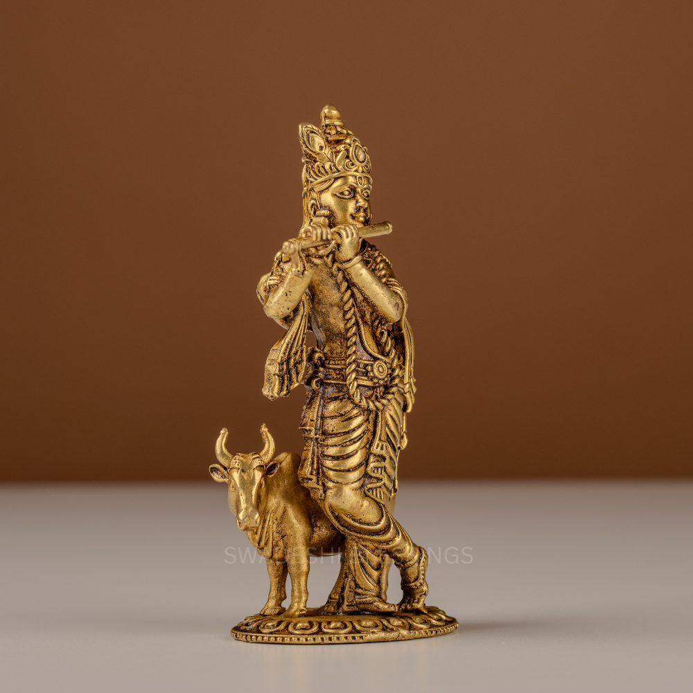 Pure Brass Krishna Murti / Flute Playing Krishna with Cow Statue - 4.75 Inch