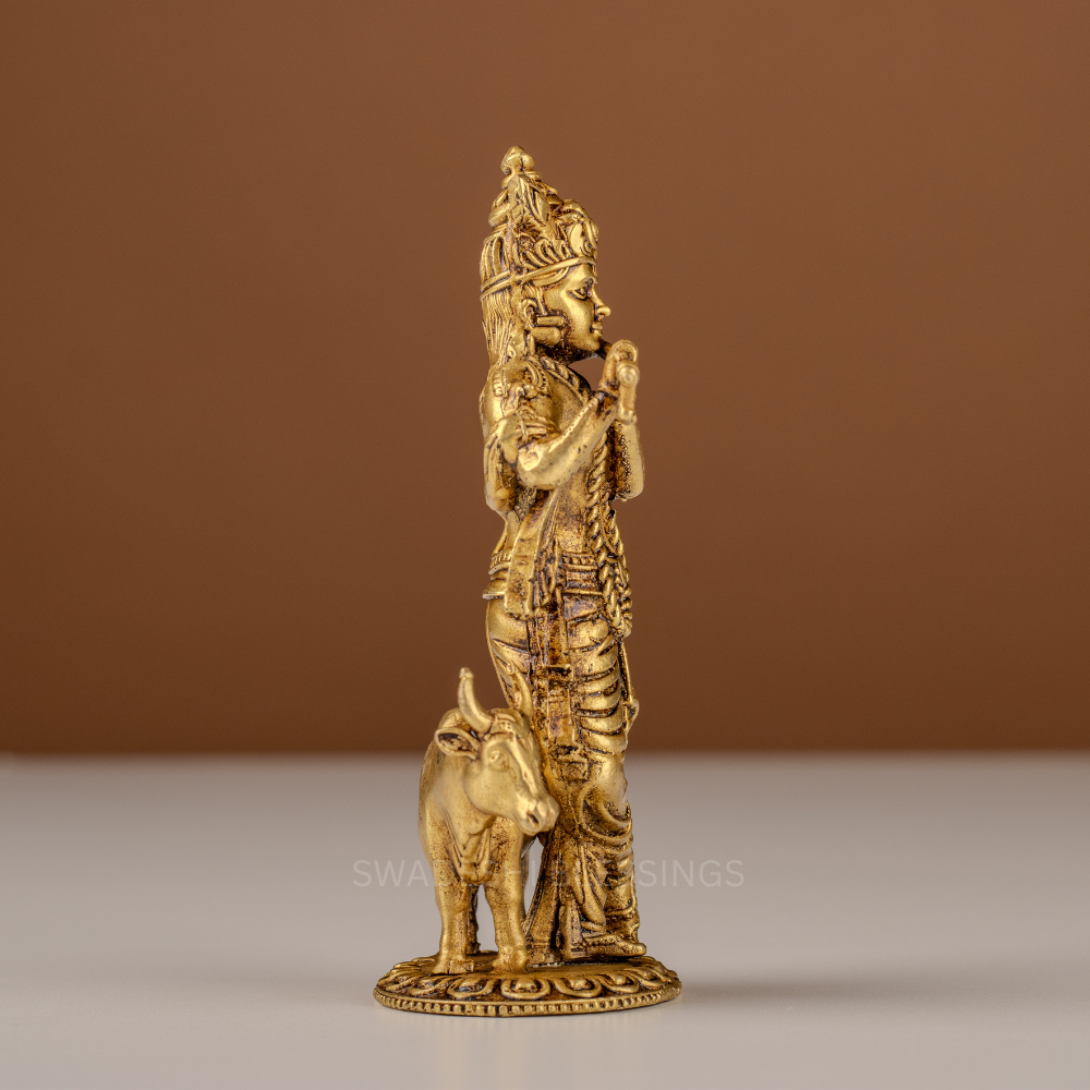 Pure Brass Krishna Murti / Flute Playing Krishna with Cow Statue - 4.75 Inch