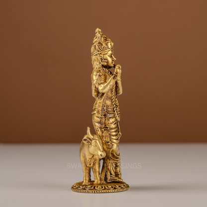 Pure Brass Krishna Murti / Flute Playing Krishna with Cow Statue - 4.75 Inch