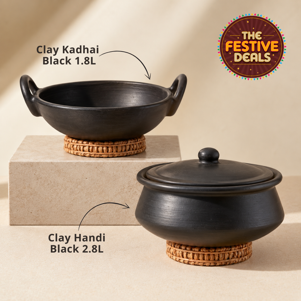 Unglazed Clay Handi / Terracotta pot / Earthen Kadai / Clay Pots Combo For Cooking &amp; Serving, 1.8 &amp; 2.8 Litres (Natural Firing Shade &amp; Mirror Shine)+FREE ASH For Cleaning