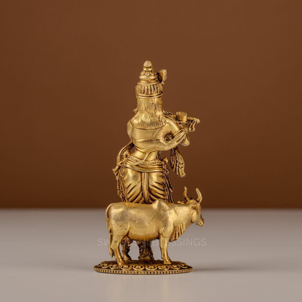 Pure Brass Krishna Murti / Flute Playing Krishna with Cow Statue - 4.75 Inch
