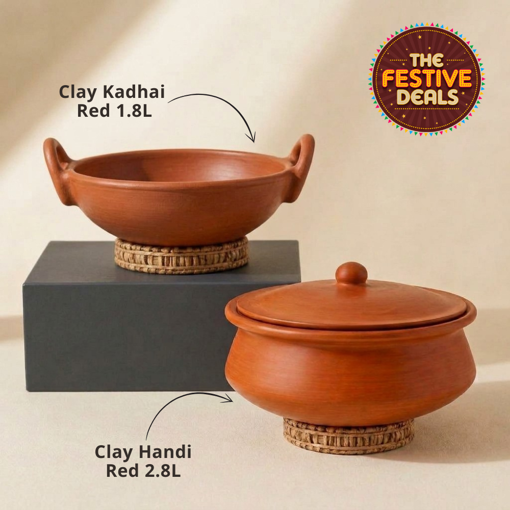 Clay Pots Combo For Cooking &amp; Serving, 1.8 &amp; 2.8 Litres (Red) (Natural Firing Shade &amp; Mirror Shine) + FREE Ash for Cleaning