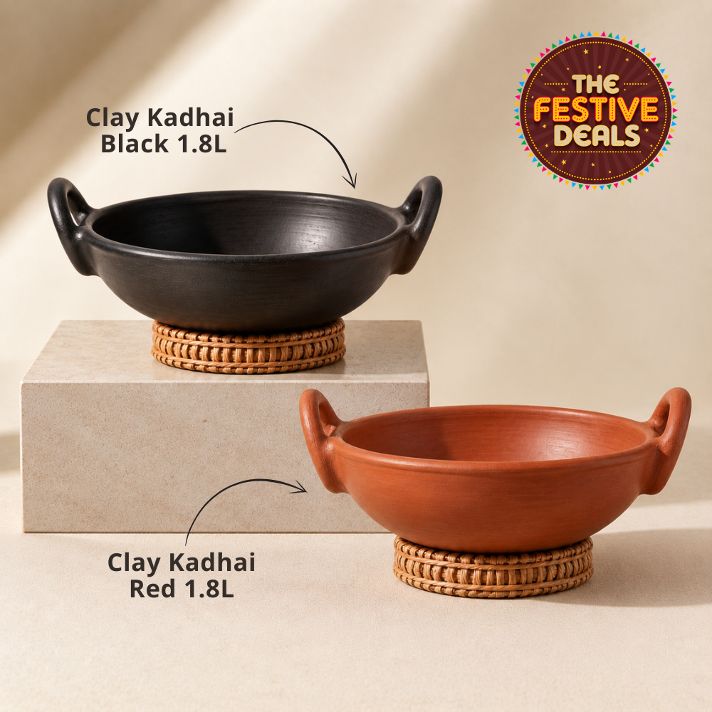 Unglazed Clay Handi / Earthen Kadai / Clay Kadai Combo for Cooking &amp; Serving – 1.8L Black &amp; 1.8L Red (Natural Firing Shade &amp; Mirror Shine) + FREE Ash for Cleaning