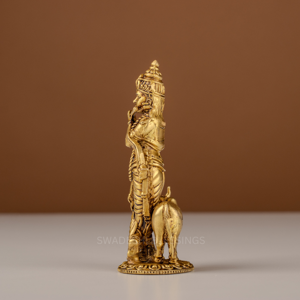 Pure Brass Krishna Murti / Flute Playing Krishna with Cow Statue - 4.75 Inch