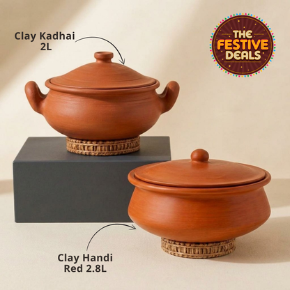 Unglazed Clay Handi / Earthen Kadai / Clay Pots Combo for Cooking &amp; Serving with Lids – 2L &amp; 2.8L (Red) (Natural Firing Shade &amp; Mirror Shine) + FREE Ash for Cleaning
