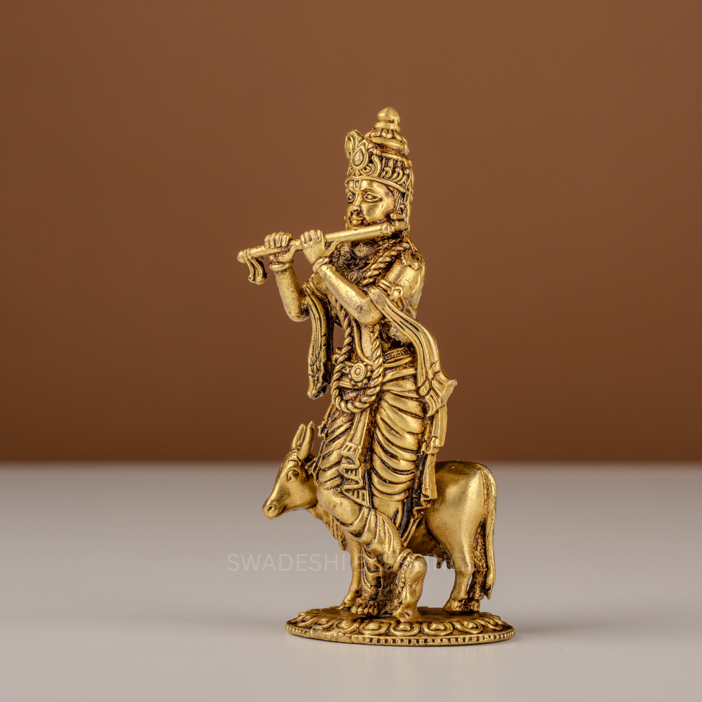 Pure Brass Krishna Murti / Flute Playing Krishna with Cow Statue - 4.75 Inch
